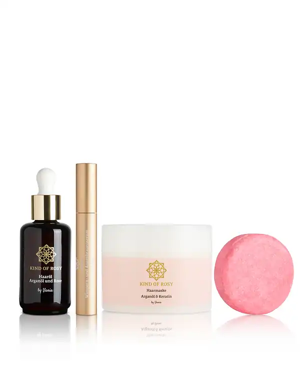 Set: Haarmaske + Haaröl (50 ml) + Wimpern- und Augenbrauen-Serum+ Festes Shampoo: Arganöl & Rose